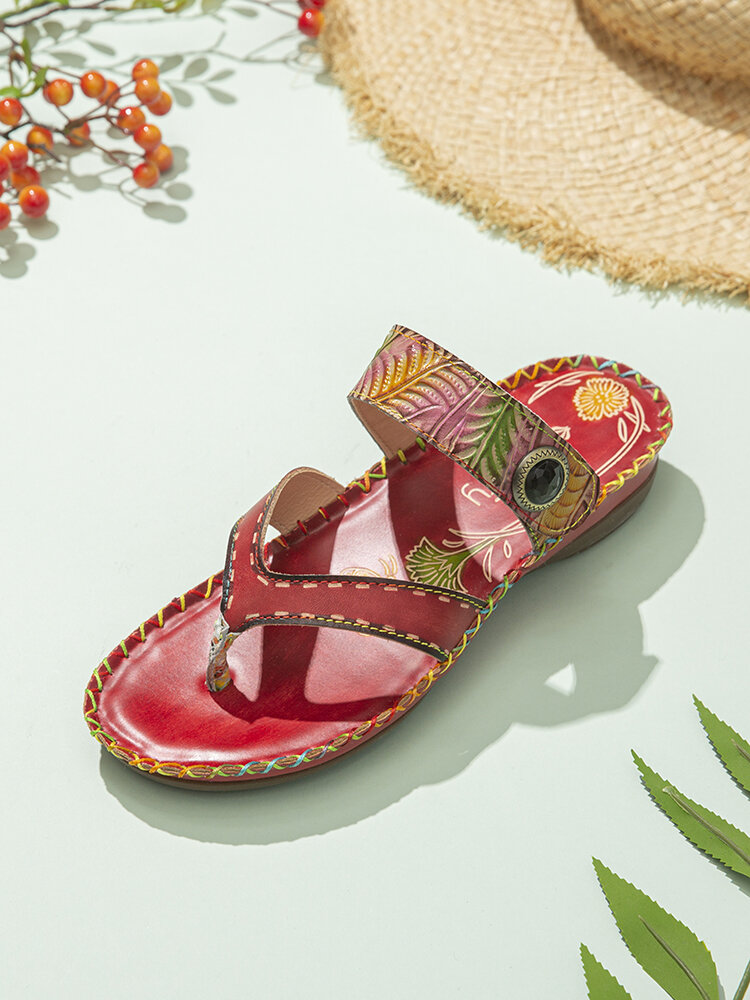 Socofy Bohemian Ethnic Print Genuine Leather Floral Flip Flops Adjustable Hook Loop Clip Toe Flat Beach Sandals