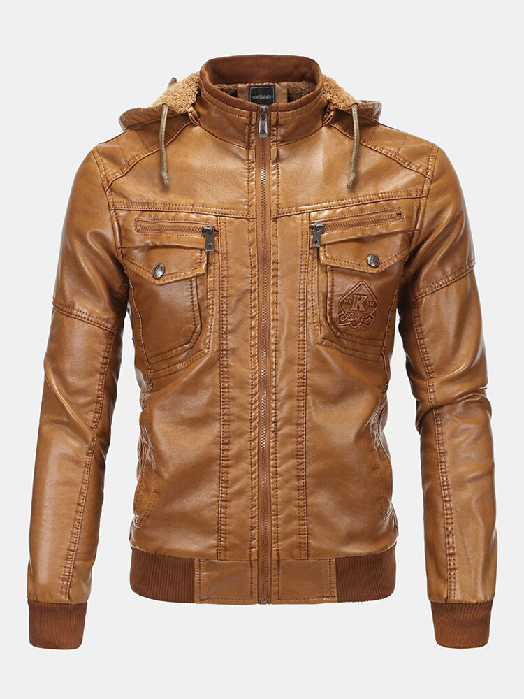Mens Winter Warm Soild Color Long Sleeve Hooded PU Leather Zipper Jacket