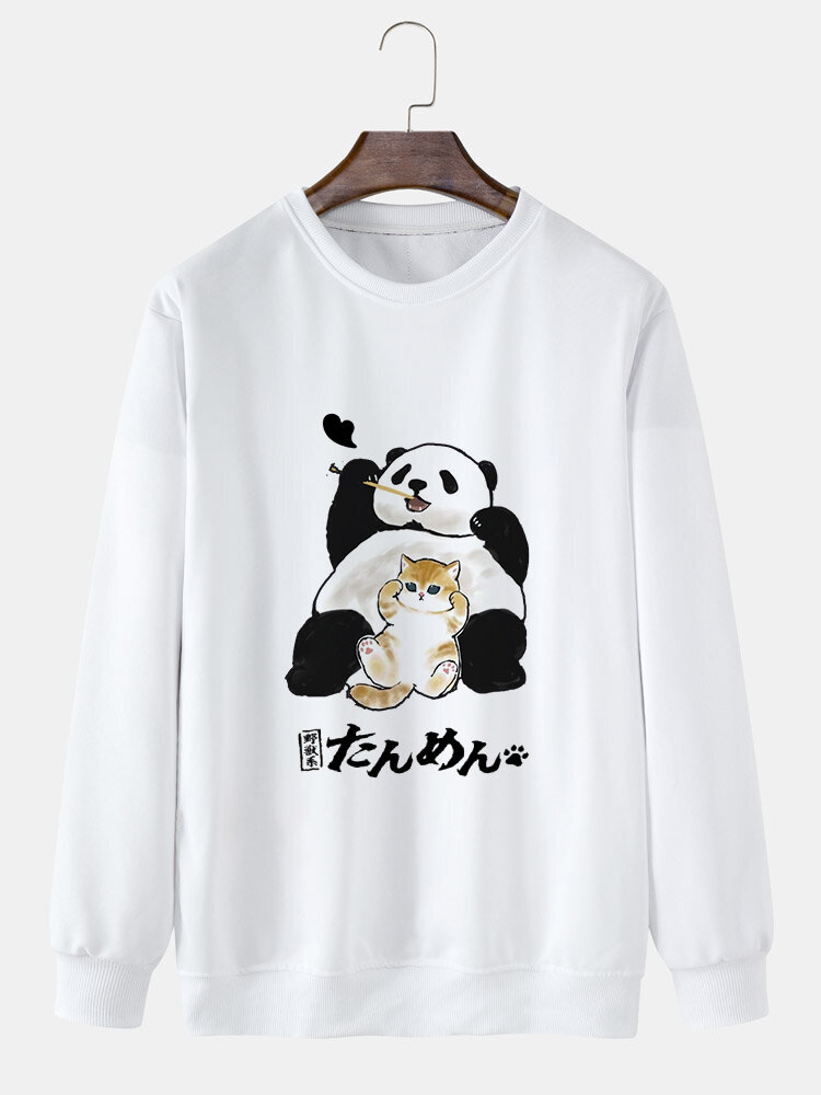 ChArmkpR Mens Cartoon Panda Cat Print Crew Neck Pullover Sweatshirts