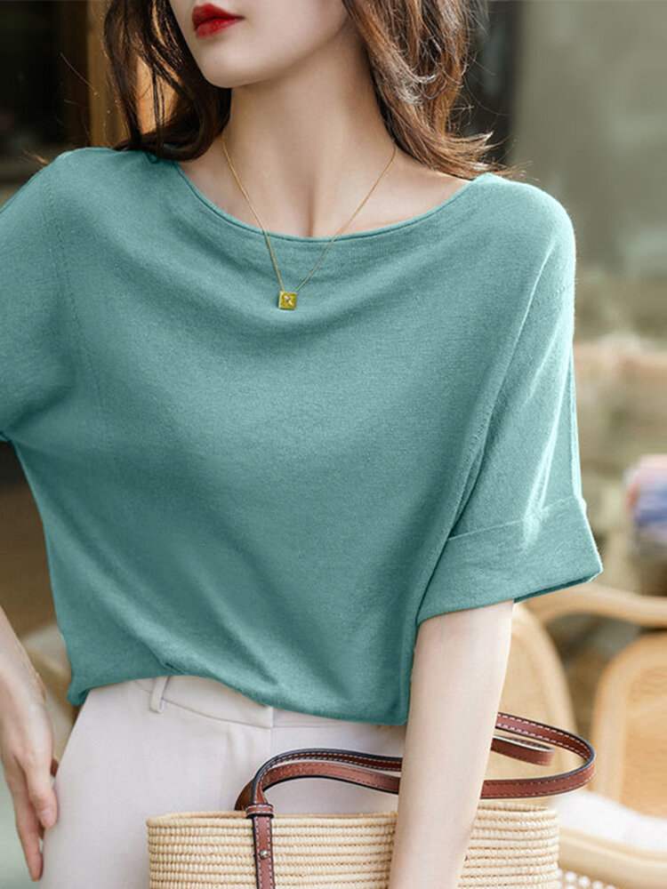 Women Solid Crew Neck Knit Casual Half Sleeve Blouse