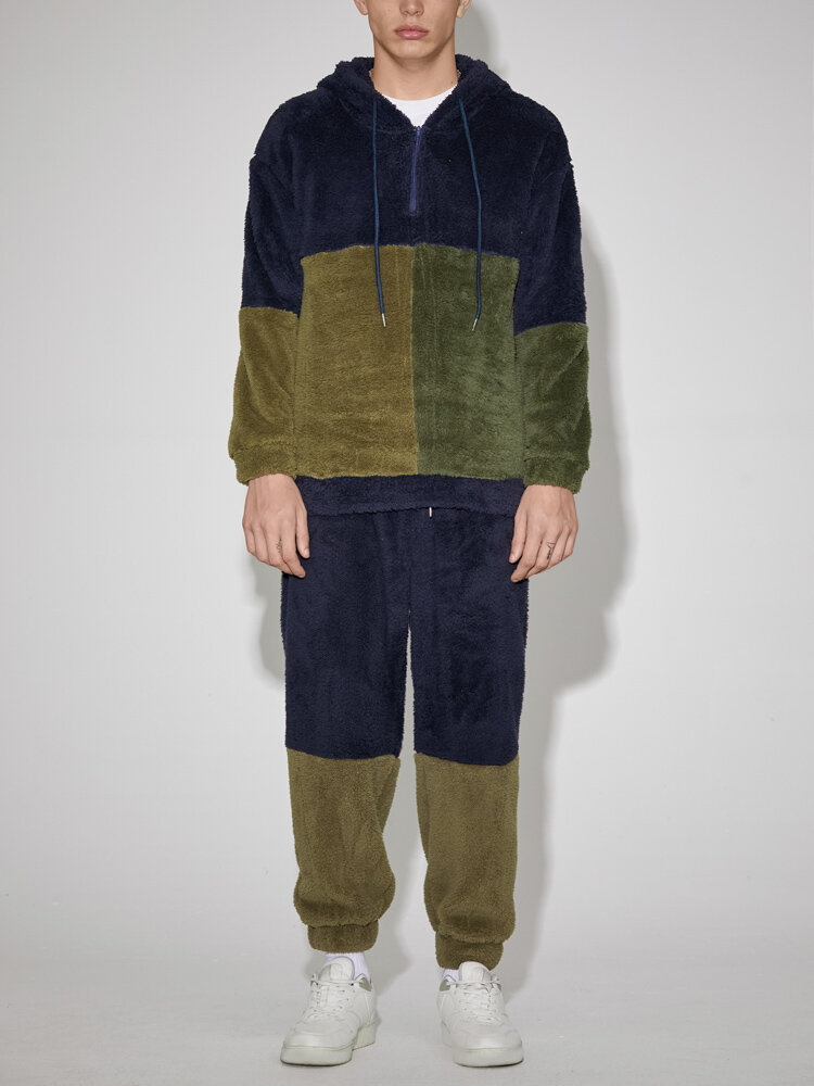 Mens Colorblock Patchwork Plush Zipper Hooded Warm Loungewear Pajamas Sets