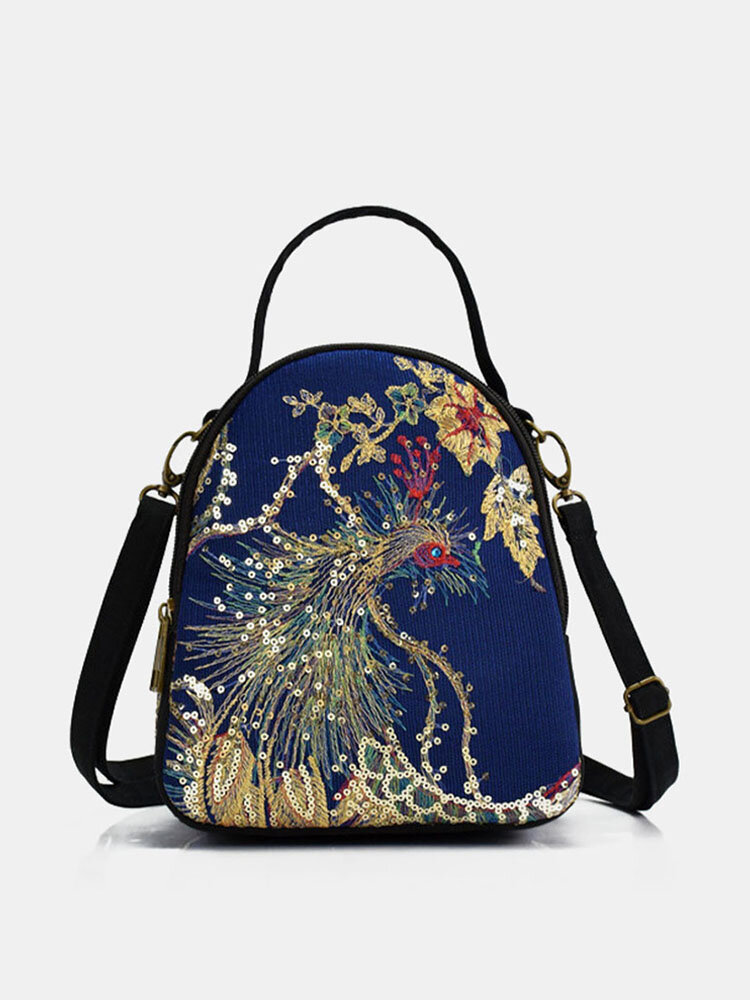 Women Ethnic Embroidered Sequined Canvas Peacock Handbag Crossbody Bag