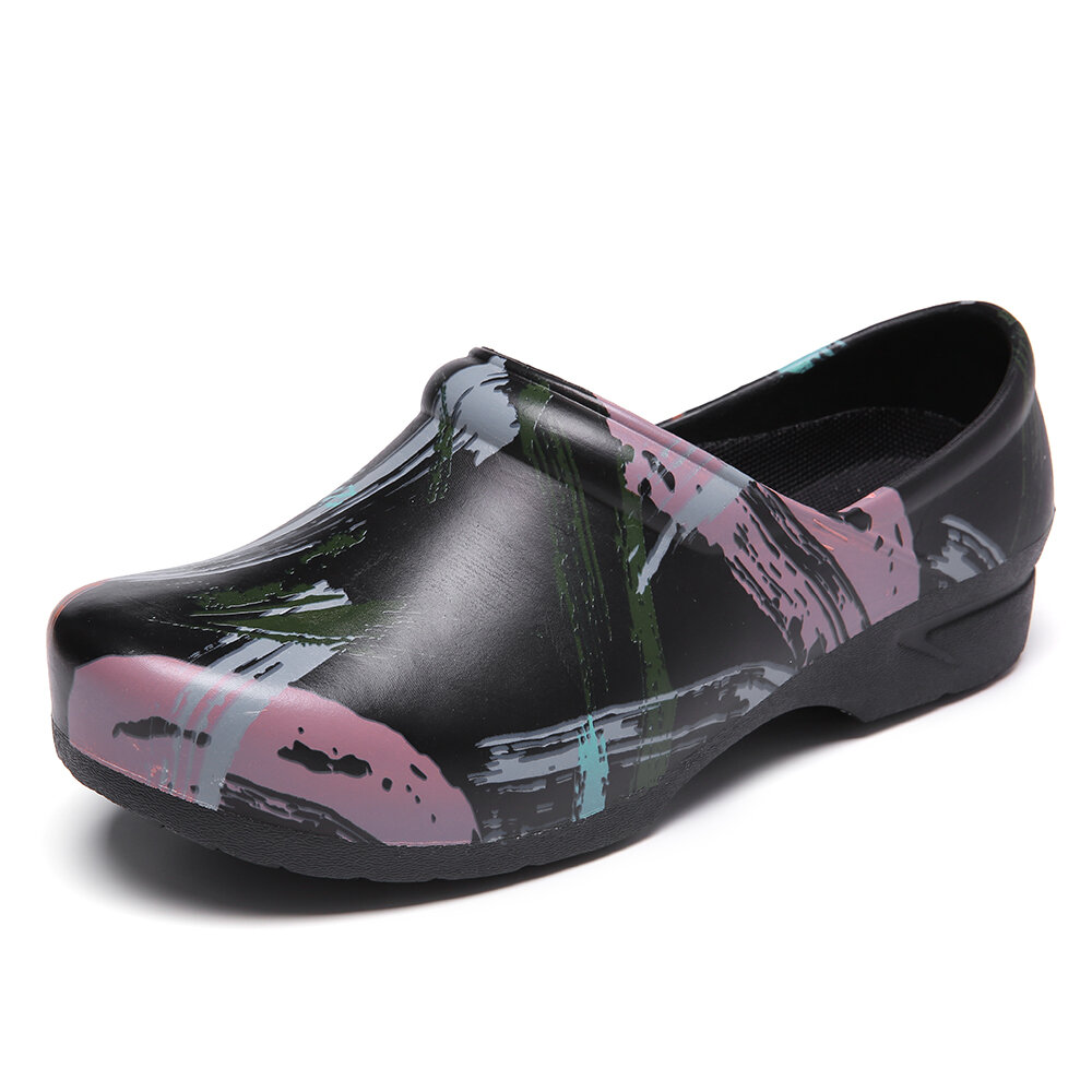 Lightweight Splash-ink Printed Slip-on Flats Non-slip Garden Working Shoes Nursing Shoes