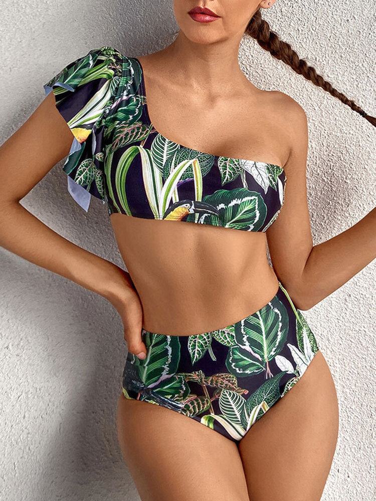 Women Tropical Plant Print One Shoulder Bandage Backless High Waist Bikinis Swimwear