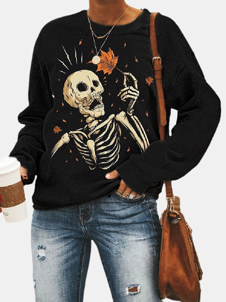 Skull Printed Long Sleeve O-neck Casual Sweatshirt For Women