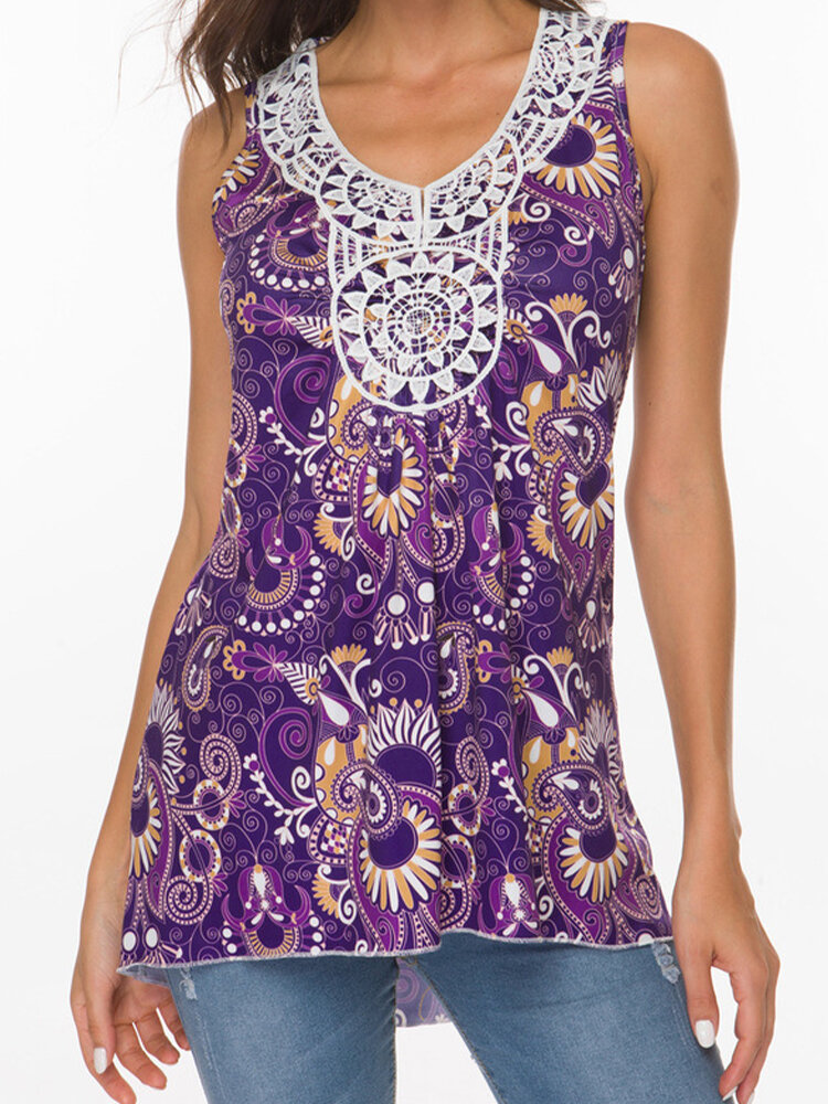 Lace Patchwork Ethnic Print Sleeveless Tank Top For Women