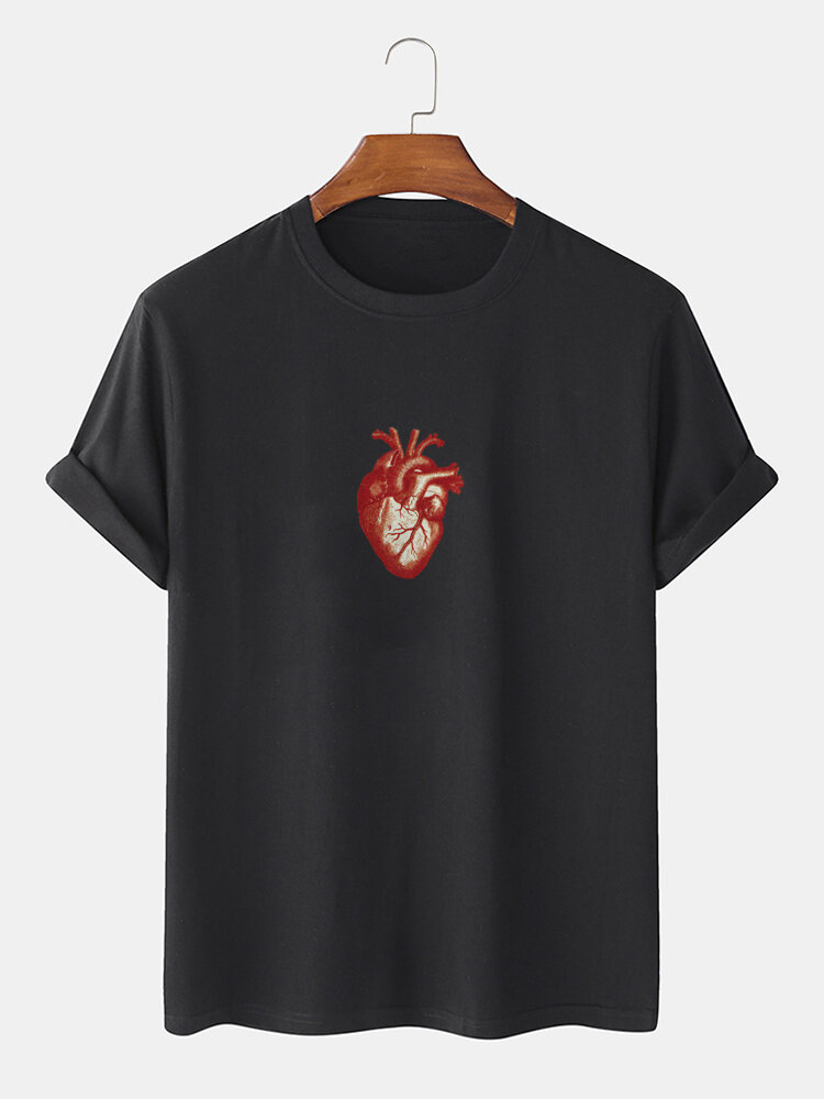 Mens Heart Print Crew Neck 100% Cotton Short Sleeve T-Shirts
