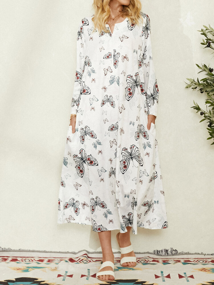 Butterfly Pocket Long Sleeve Zip Front Print Dress For Women