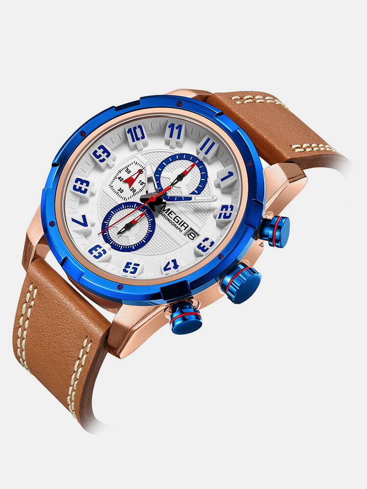 Practical Sports Men Watch Leather Band Chronograph date Multifunction Quartz Watch