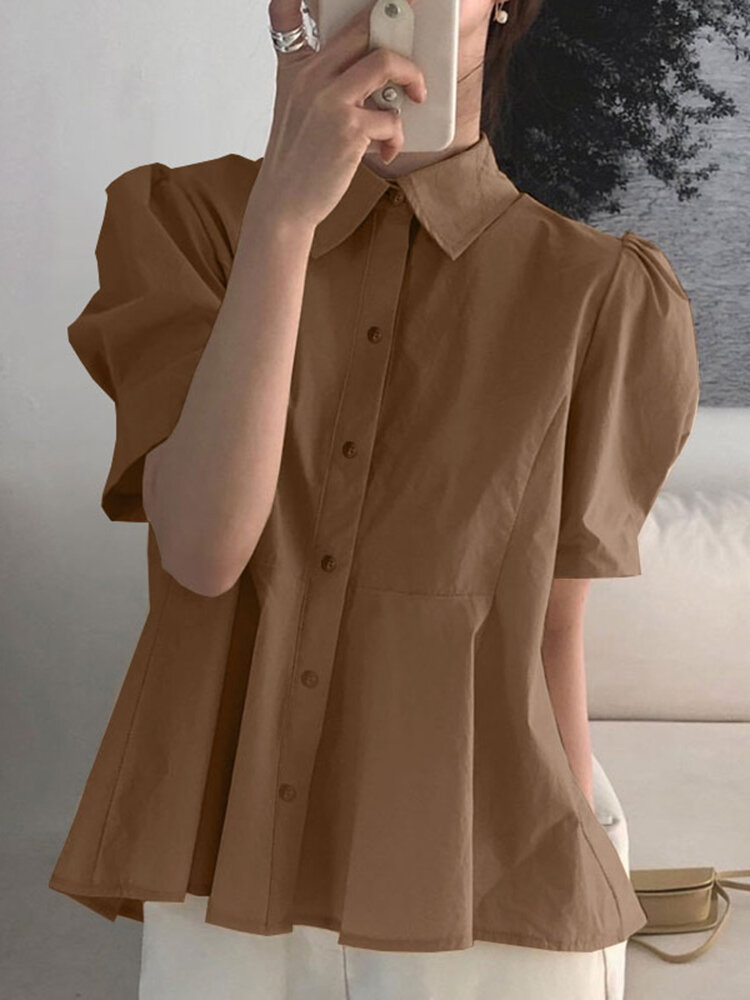 Solid Color Puff Sleeve Lapel Short Sleeve Casual Blouse