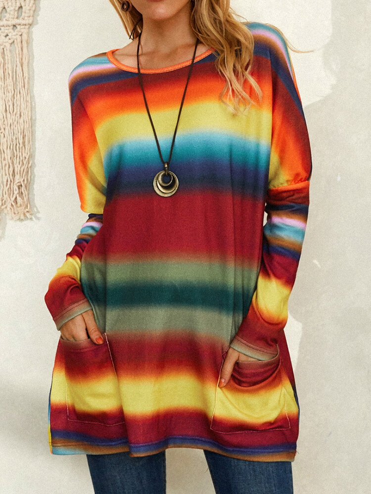 Rainbow Striped Print Pockets Long Sleeve Blouse For Women