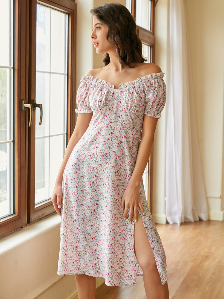 Floral Print Shirred Ruffle Trim Puff Sleeve Slit Dress
