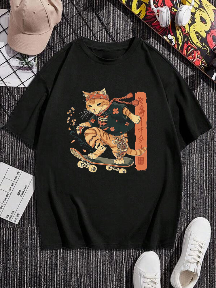Mens Japanese Skateboard Cat Print Crew Neck Short Sleeve T-Shirts Winter