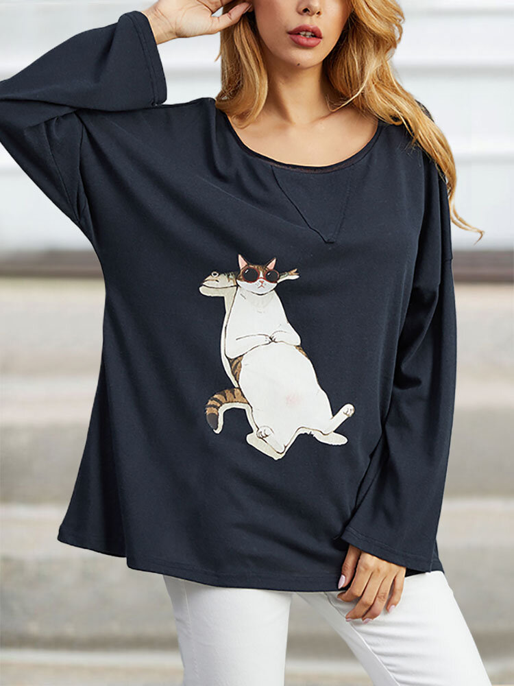 Cute Cat Print Long Sleeve Casual Plus Size T-Shirt