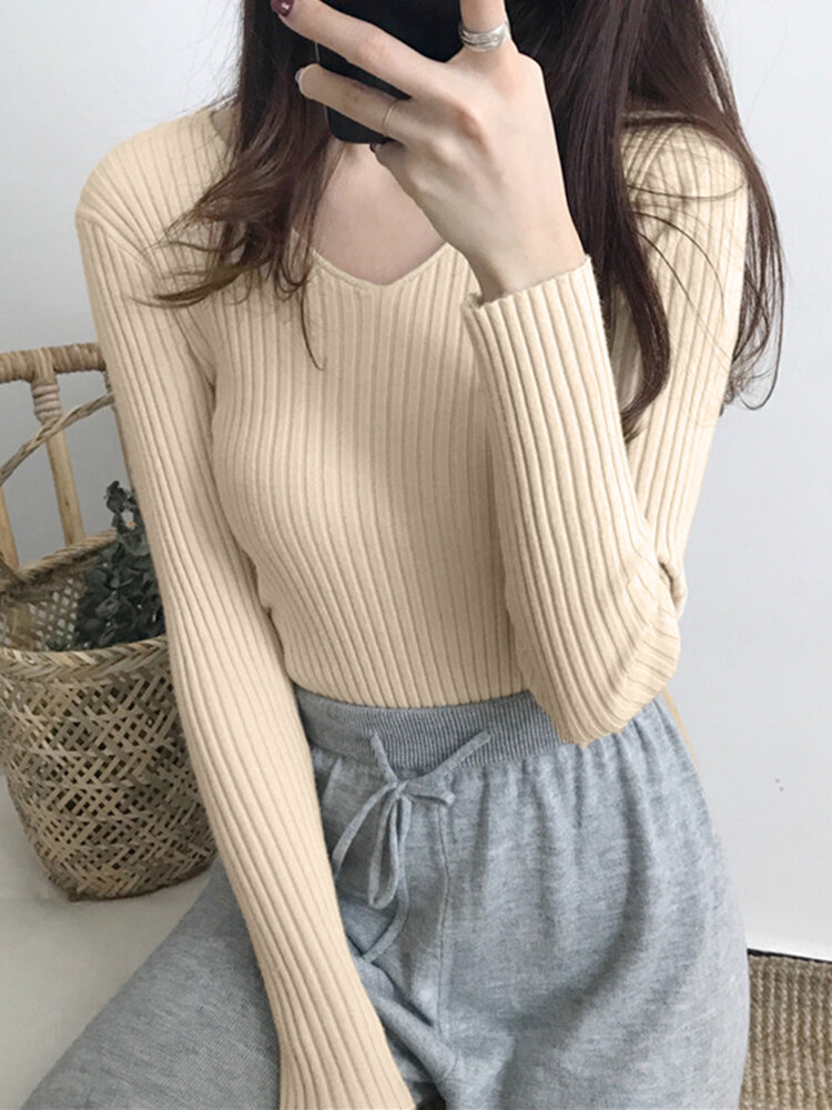 Women Solid V-neck Long Sleeve Knit Casual Sweater