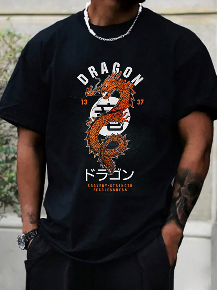 Mens Japanese Dragon Letter Print Crew Neck Short Sleeve T-Shirts