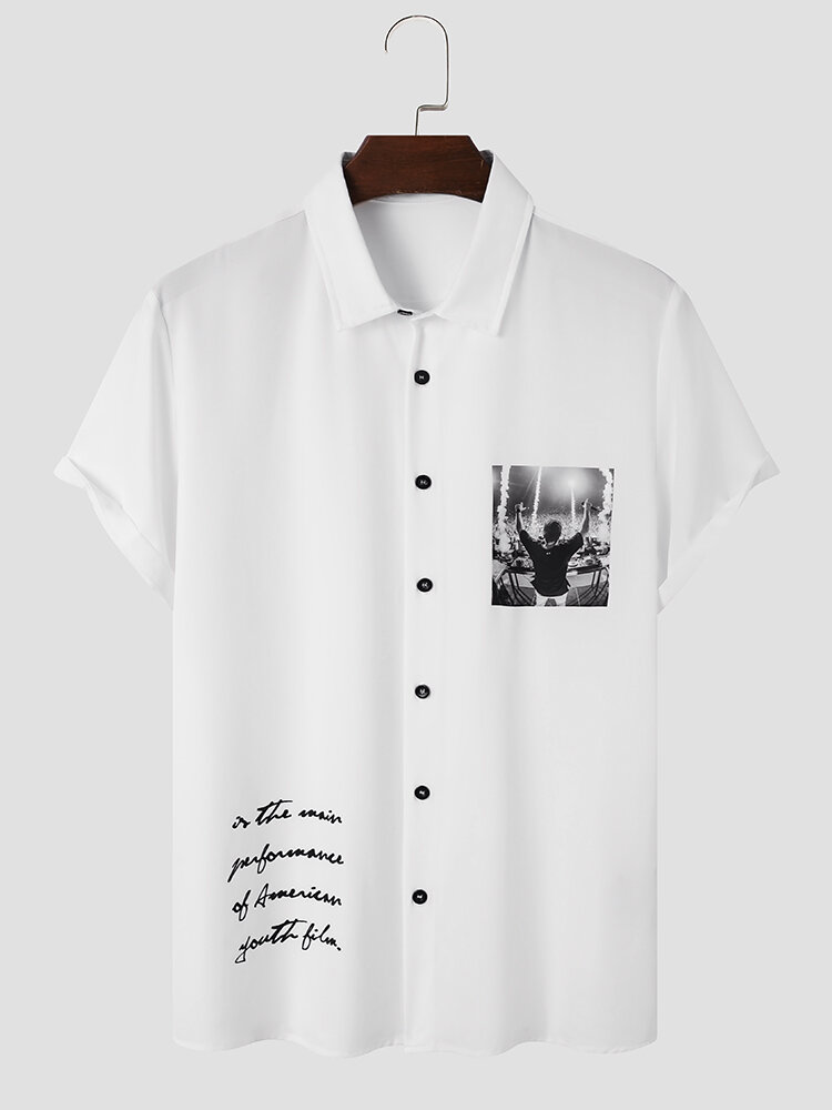 Mens Music Show Letter Print Button Up Short Sleeve Shirts