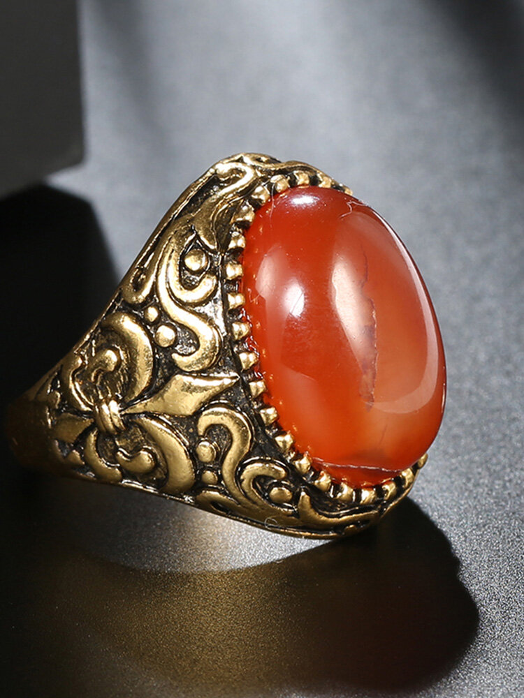 

Vintage Metal Carved Rough Stone Ring Geometric Oval Cat Eye Crystal Finger Ring