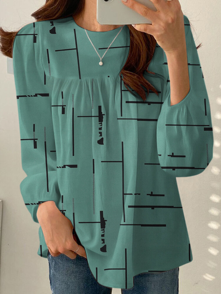 Damen-Bluse mit zufälligem Liniendruck, Rundhalsausschnitt, lässige Langarmbluse