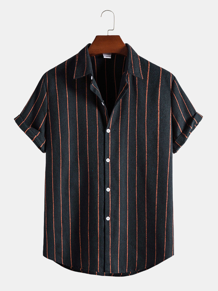 Mens Cotton Linen Striped Button Up Casual Short Sleeve Shirts