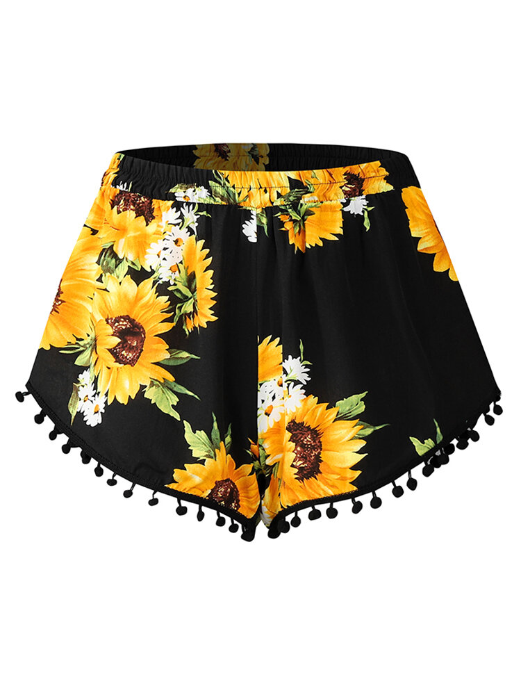 

Daisy Floral Print Hawaiian Style Elastic Waist Beach Shorts For Women, White;black