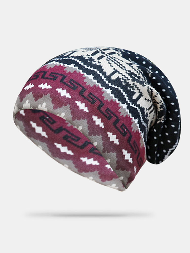 Women Cashmere Dual-purpose Ethnic Style Pattern Contrast Color Keep Warm Outdoor Beanie Turban Scarf