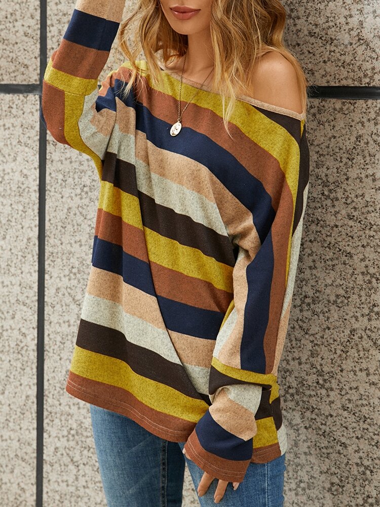 Women Striped Print Off Shoulder Loose Long Sleeve Casual T-Shirt