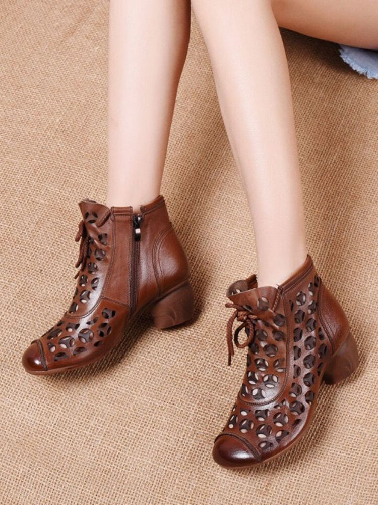 Women Autumn Hollow Out Comfortable Casual Lace Up Heeled Side-Zip Short Boots