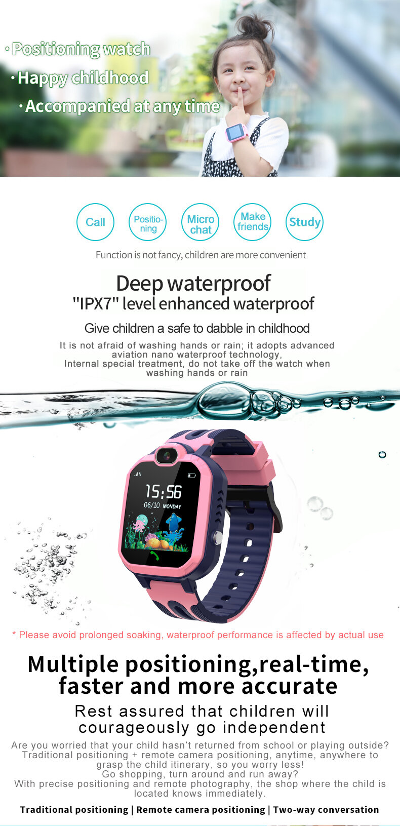 1.44' Touch Screen Children IPX7 Waterproof GPS LBS Location Tracking SIM Card Two-way Call SOS Camera Kids Smart Watch Phone