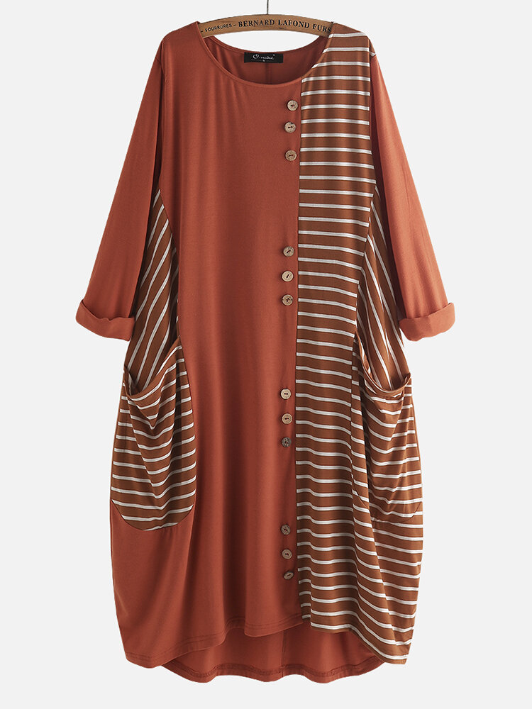Striped Patchwork Button Plus Size Dress with Pockets