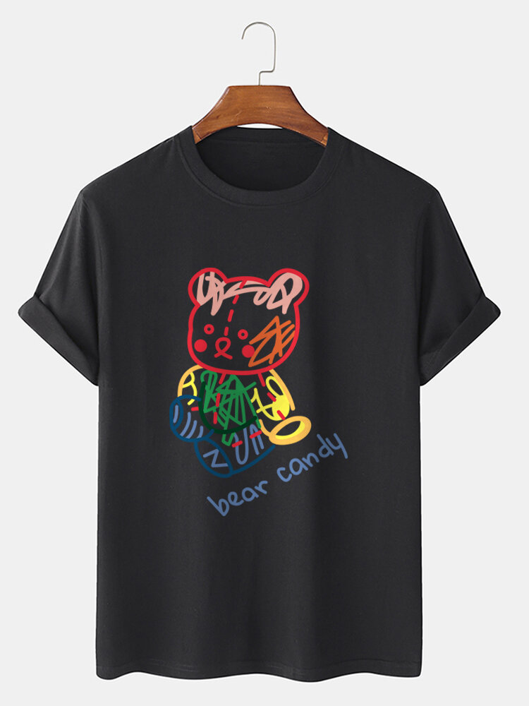 Mens Colorful Line Drawing Bear Print Cotton Short Sleeve T-Shirts