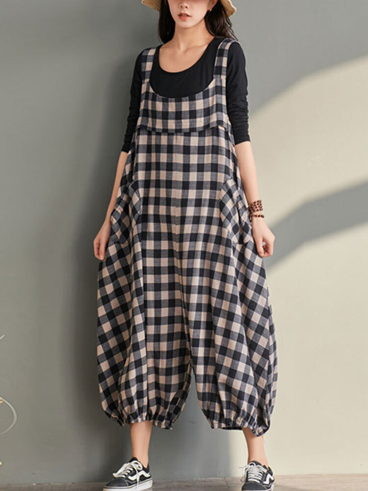 Plaid Sleeveless Loose Jumpsuit For Women