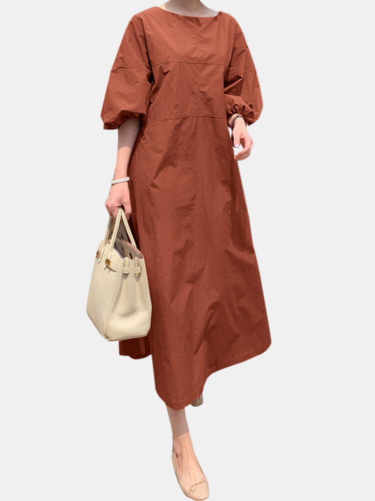 Solid Color Puff Sleeve Patchwork Casual Long Sleeve Dress for Women