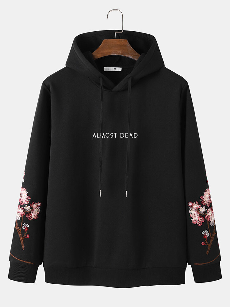 Mens Letter Floral Embroidered Overhead Casual Drawstring Hoodies