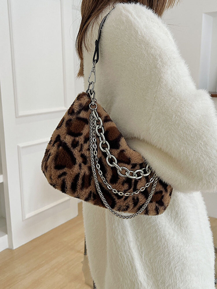 Women Casual Dacron Large Capacity Leopard Zebra Winter Chain Crossbody Bag Shoulder Bag