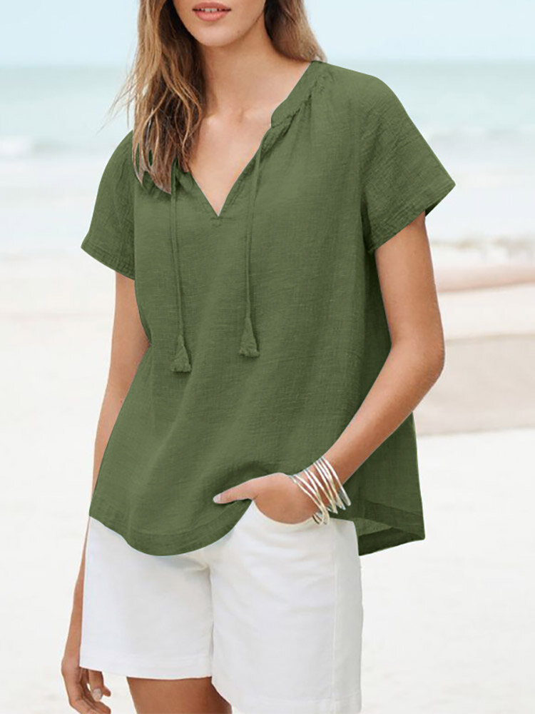 Solid Tassel Knotted V Neck Casual Blouse