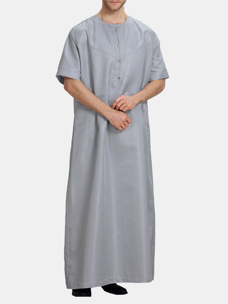 

Mens Short Sleeve T-shirt Islamic Kaftan Loose Solid Color Casual Long Robes, Grey;white