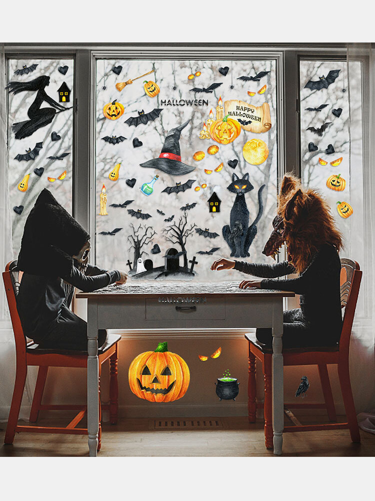 

6PCs Witch Lantern Bat Halloween Series Self-adhesive Printing PVC Home Decor For Bedroom Livingroom Wall Stickers