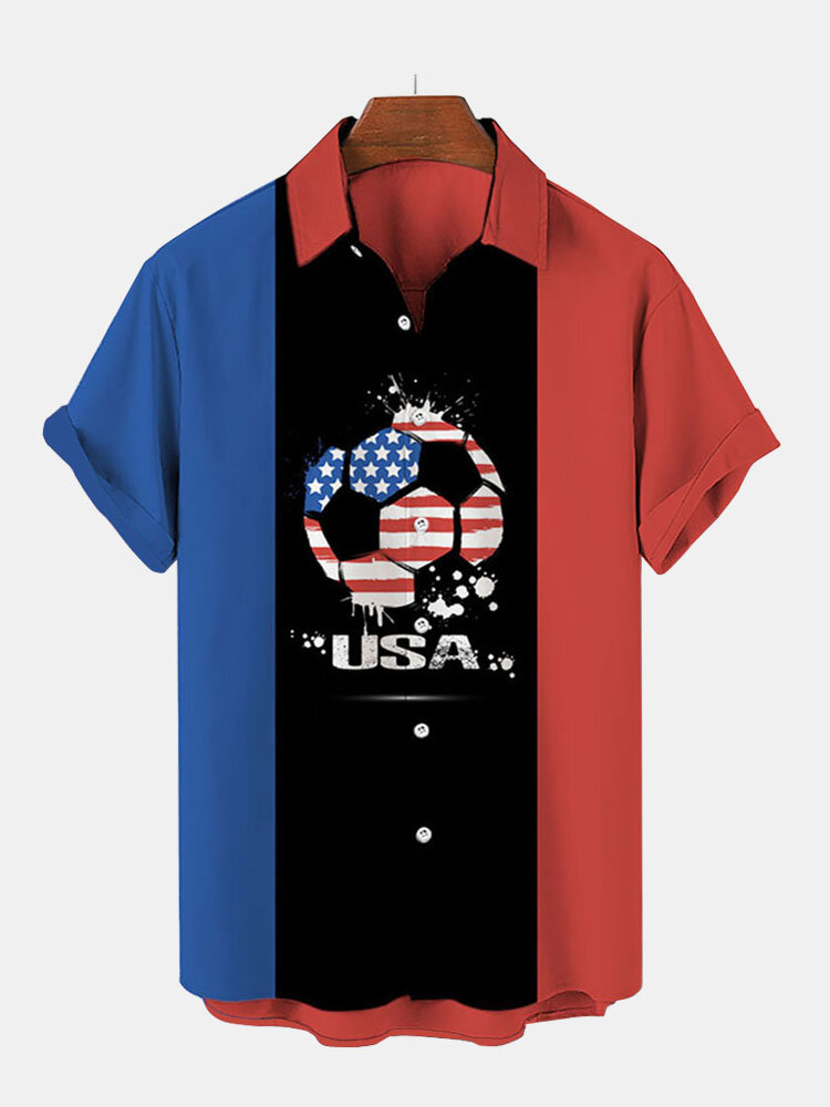 

Mens World Soccer American Flag Football Print Color Block Short Sleeve Shirts, Red