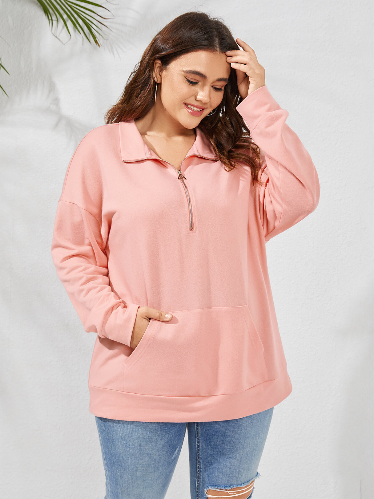 

Plus Size Solid Color Half Zip Lapel Kangaroo Pocket Sweatshirt, Pink