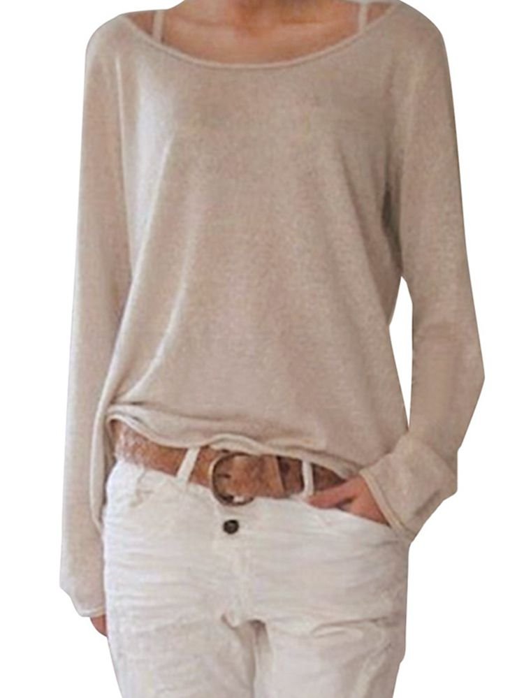 Casual Cotton Blend Long Sleeve Round Neck Women Blouse