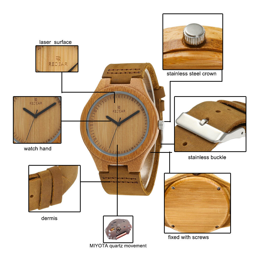 REDEAR Vintage Handmade Natural Bamboo Wooden Watches Genuine Leather Minimalist Watches for Men