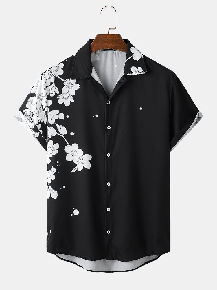 Mens Monochrome Floral Print Button Up Short Sleeve Black Shirts