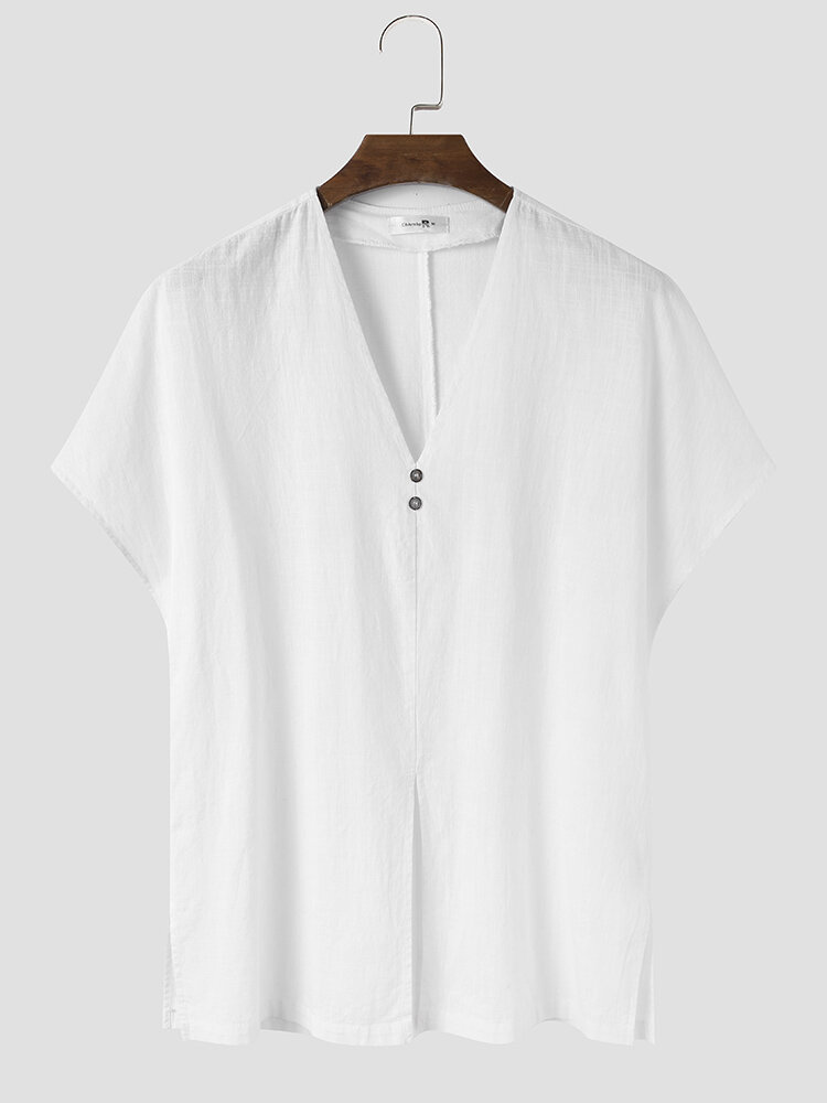 Mens Solid Color V-Neck Button Split Hem Cotton Short Sleeve T-Shirts
