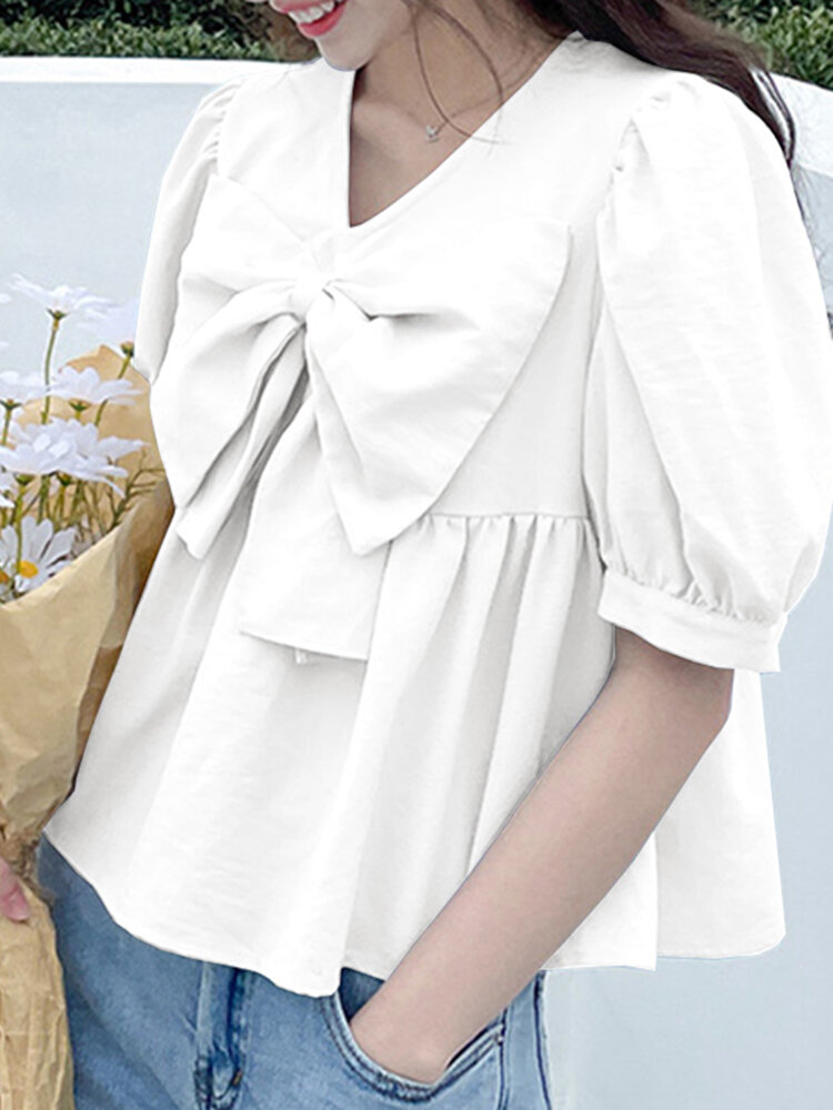 

Solid Bowknot Puff Sleeve Casual V Neck Blouse, White;navy;blue