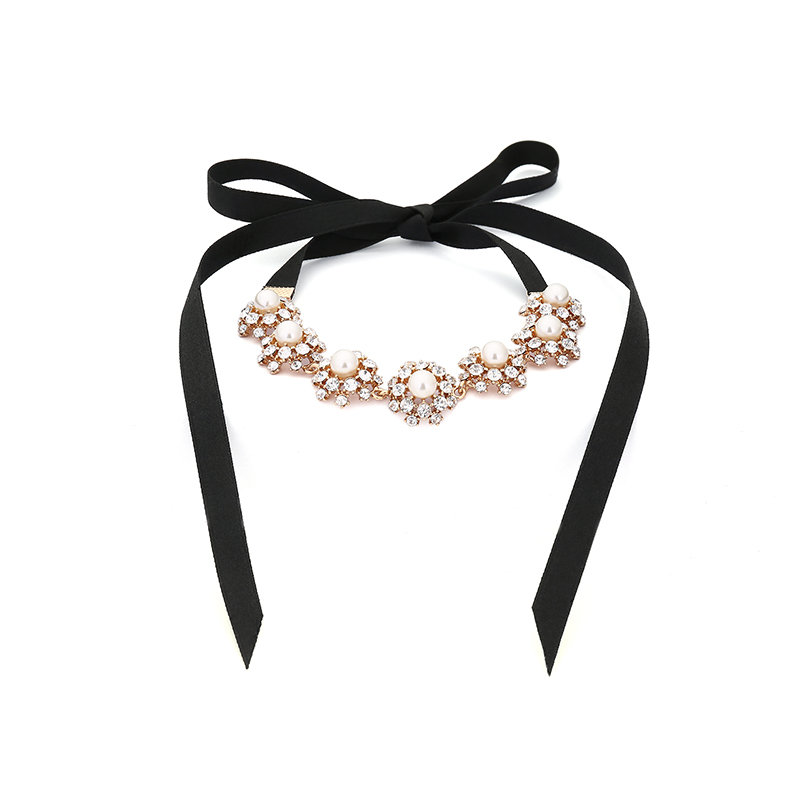 Elegante colar de pérolas Rhinestone Lace Necklace