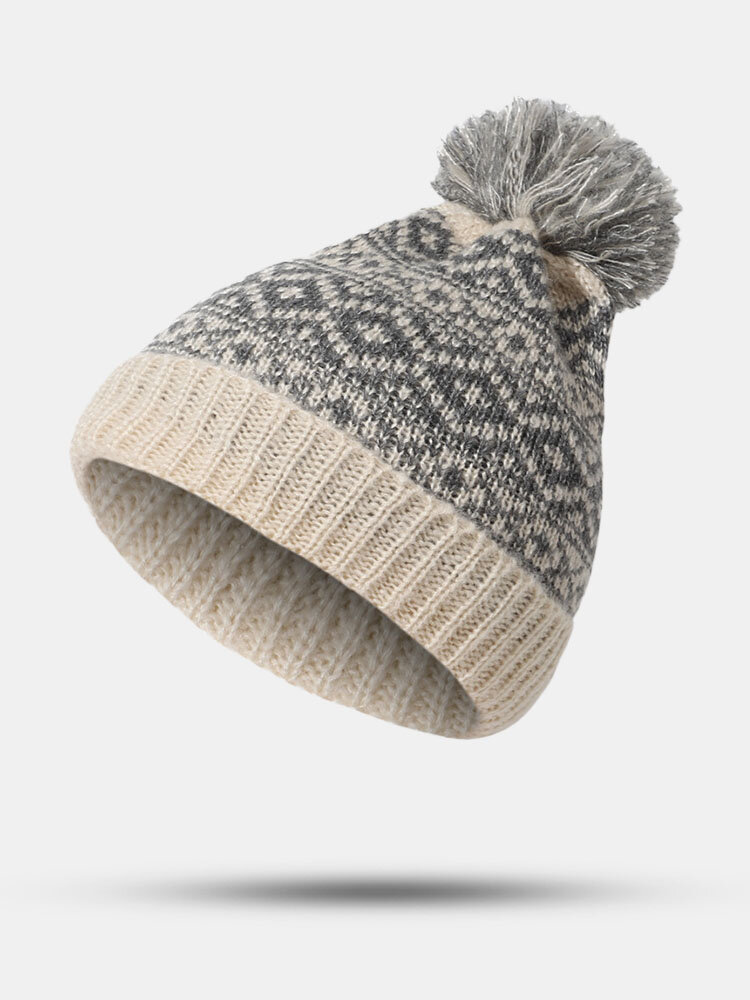 Unisex Cotton Thread Knitted Thickened Argyle Jacquard Fur Ball Decoration Warmth Brimless Beanie Hat