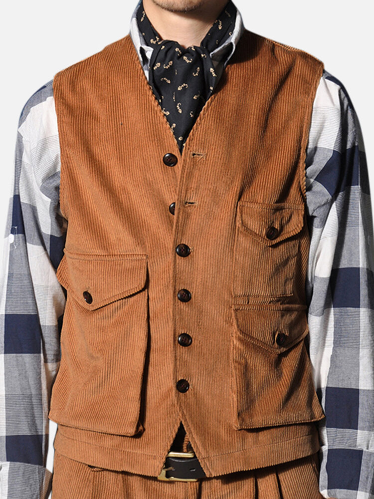 Mens Casual Retro Cotton Slim Vests Multi-procket Corduroy Sleeves Coat Tops
