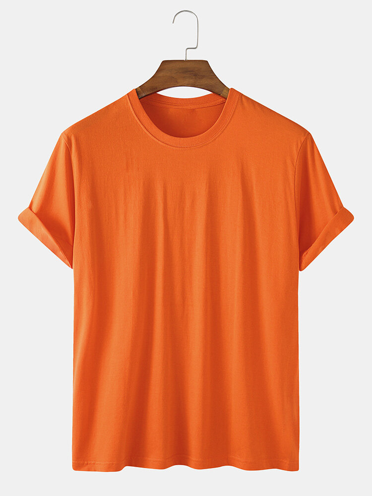 Mens 100% Cotton Solid Color Loose Breathable O-Neck T-Shirts