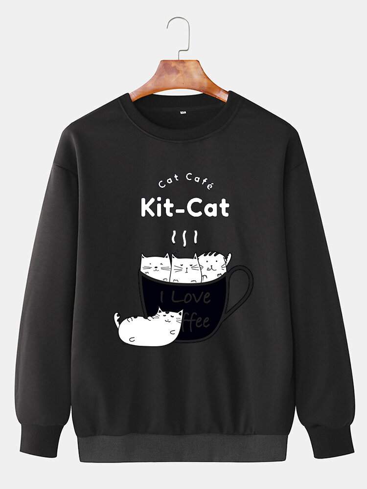 Sweat-shirt à col rond imprimé lettre de chat de dessin animé pour hommes